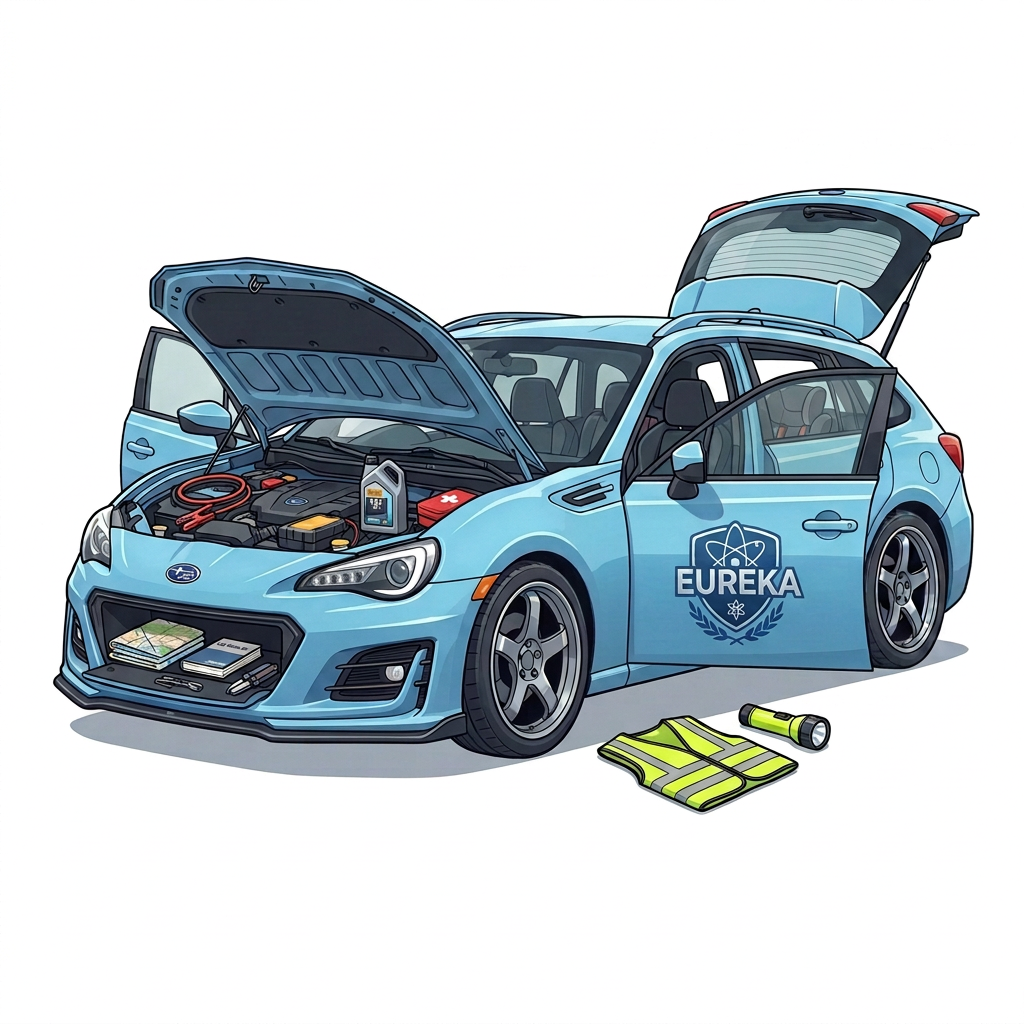 Checklist of essential car items including registration, owner's manual, spare tire, jumper cables, first-aid kit, road flares, tire pressure gauge, flashlight, basic tool kit, and snacks and water.
