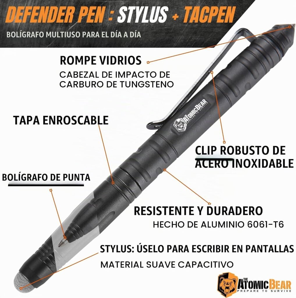 Bolígrafo táctico Atomic Bear Defender de aluminio aeronáutico con lápiz táctil y punta rompecristales